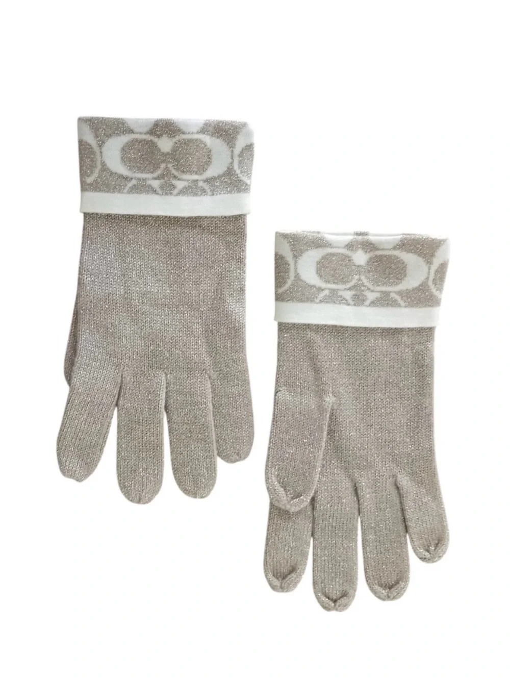 Coach Metallic Beige Knit Gloves with Logo Cuff